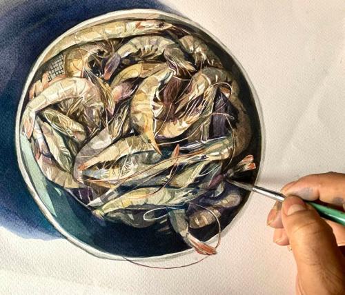 Fresh Catch - Tiger Prawn, Watercolour - 11''x11'' Price on request