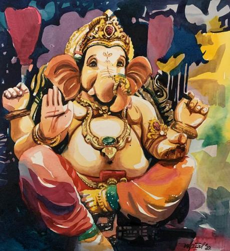 Ganapathi Bappa, Watercolour, 10''x12'' - Price on request